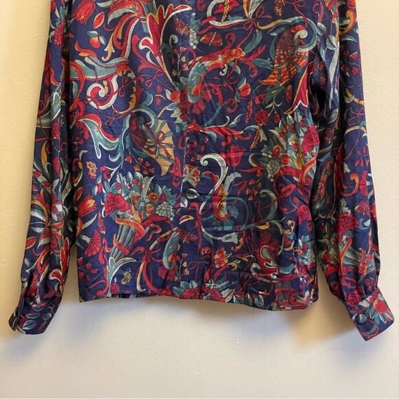 Vintage L whimsical long sleeve blouse Foxcroft bohemian floral green - Picture 7 of 8